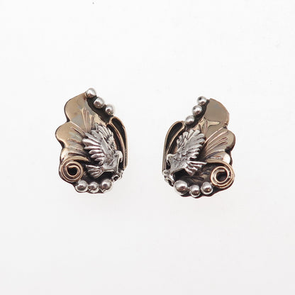Harry B Yazzie Navajo Old Pawn Sterling 2-Tone Vintage Eagle Clip On Earrings