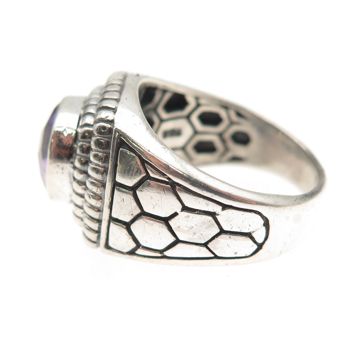 925 Sterling Silver Vintage Real Amethyst Honey Comb Oxidized Ring Size 7.25