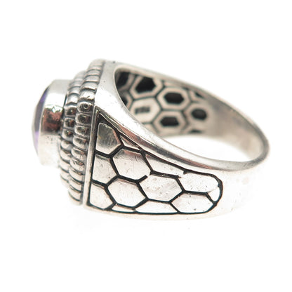 925 Sterling Silver Vintage Real Amethyst Honey Comb Oxidized Ring Size 7.25
