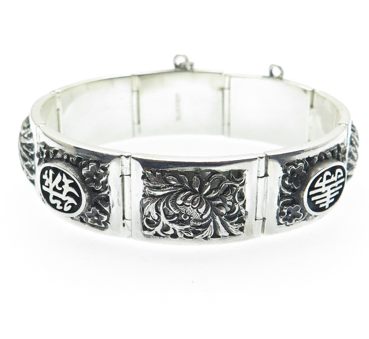 925 Sterling Silver Antique Chinese Character Lotus Oxidized Panel Bracelet 7"