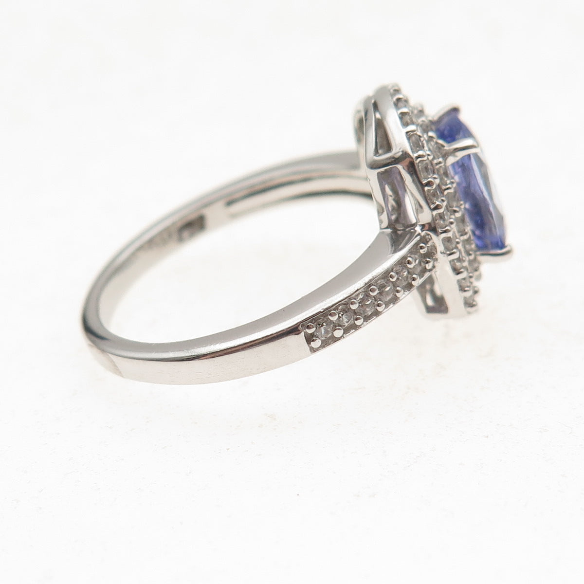 925 Sterling Silver Real Tanzanite & Round-Cut White Topaz Ring Size 8