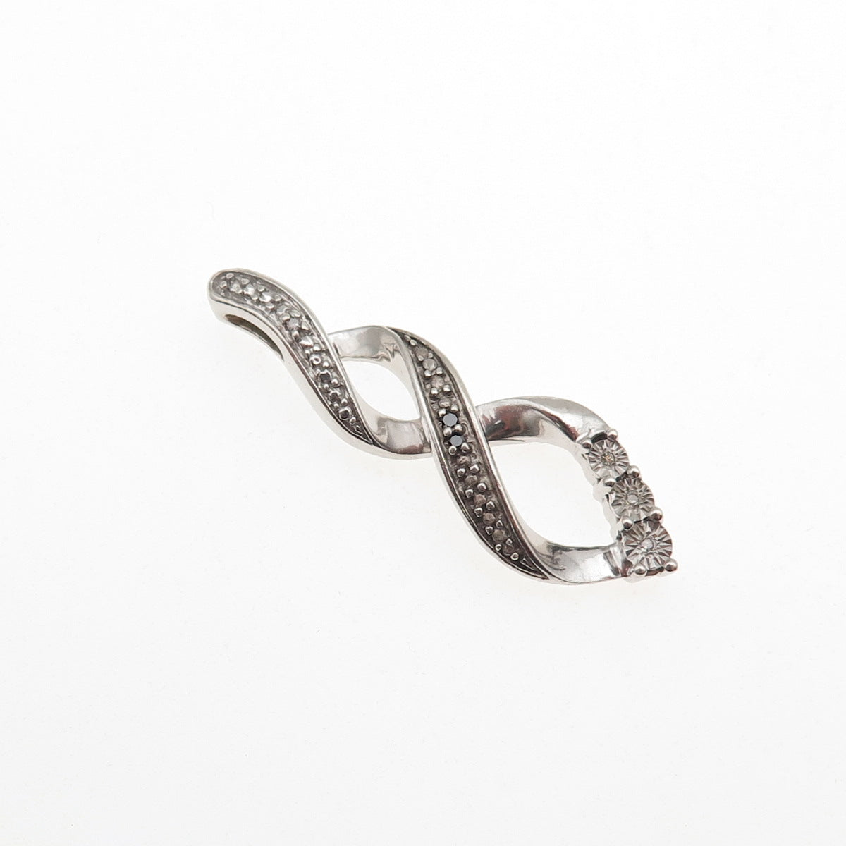 925 Sterling Silver Real Black & White Diamond Twisted Charm Pendant