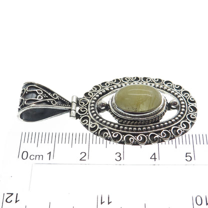 925 Sterling Silver Vintage Real Rutilated Quartz Boho Ornate Pendant