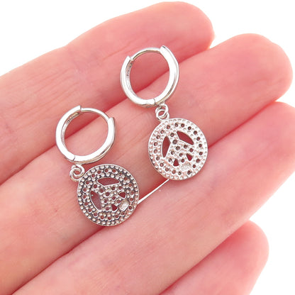 925 Sterling Silver Round-Cut C Z Peace Symbol Dangle Charm Hoop Earrings