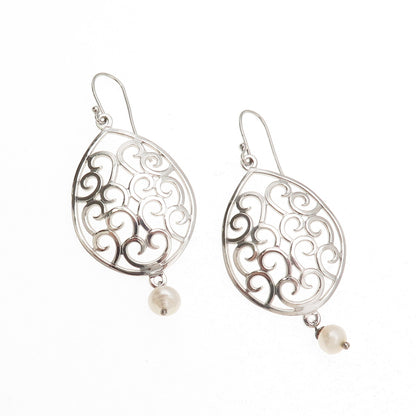 925 Sterling Silver Real Pearl Scroll Dangle Earrings