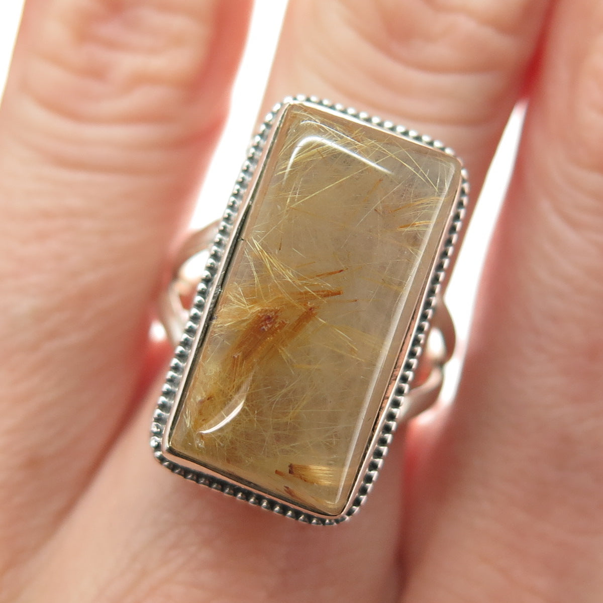 925 Sterling Silver Vintage Real Rutilated Quartz Swirl Oxidized Ring Size 8