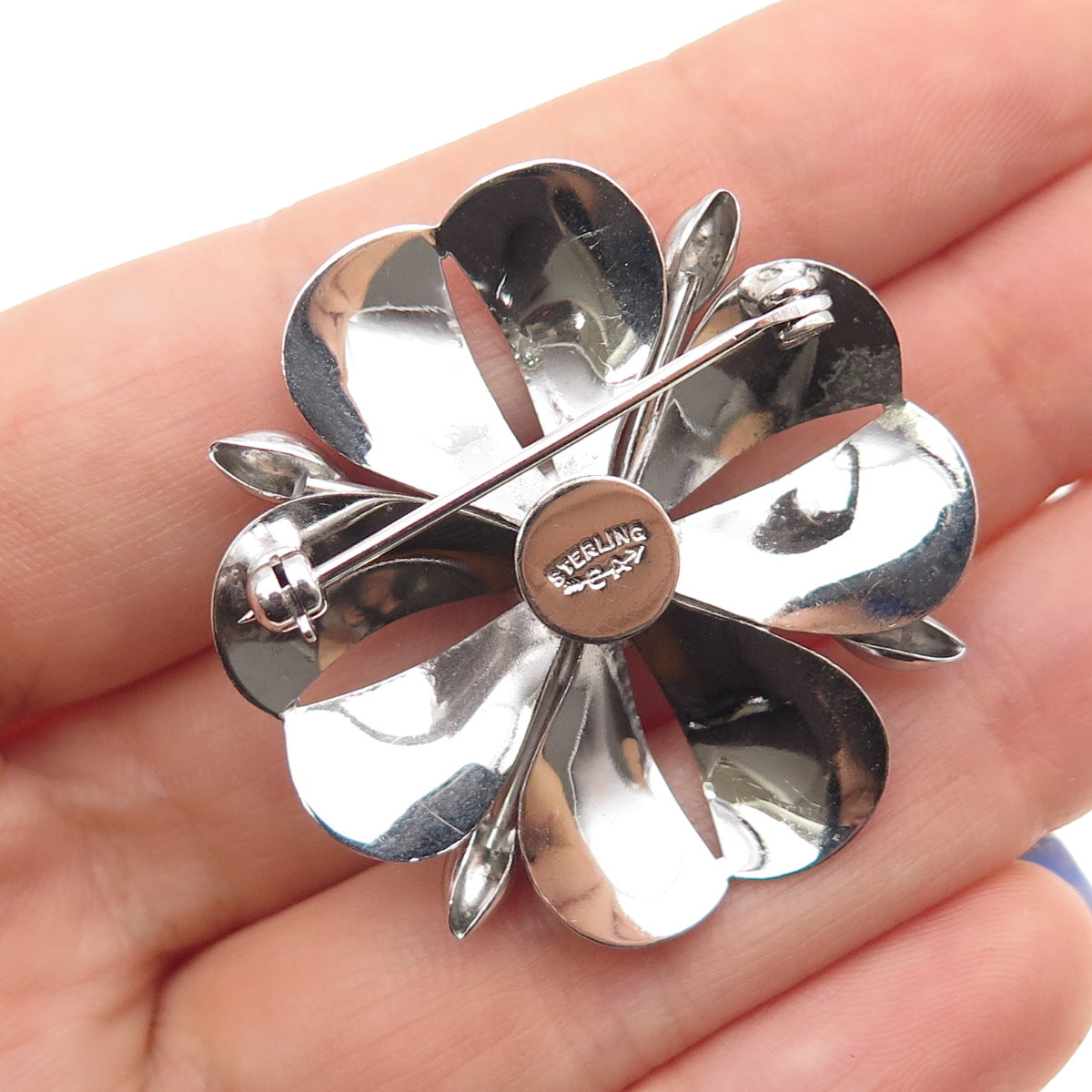 CARL ART 925 Sterling Silver Antique Art Deco Real Hematite Flower Pin Brooch