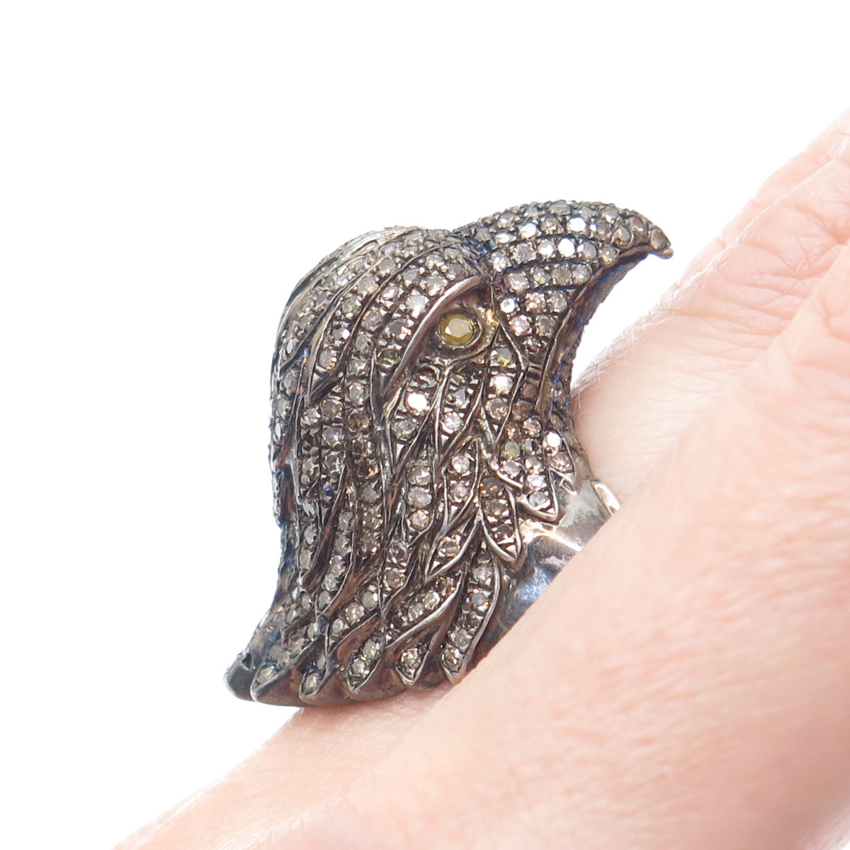 925 Sterling Silver Black Rhodium & 14K Gold Real Diamond Eagle Ring Size 8