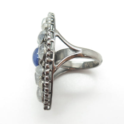 DSMK 925 Sterling Moonstone Tanzanite Topaz Gem Oxidized Statement Ring Size 7