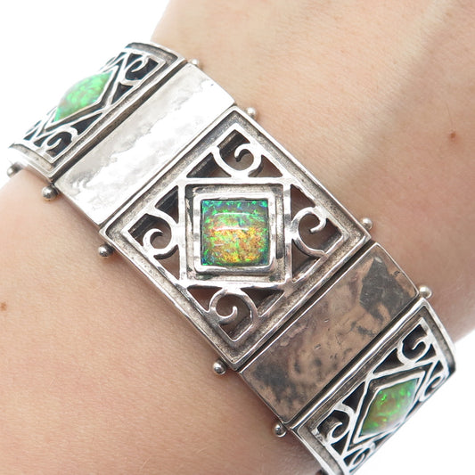 925 Sterling Vintage TL Israel Real Opal Hammered Panel Link Bracelet 7.5"