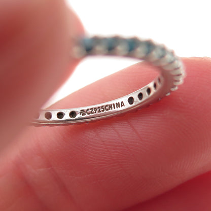 925 Sterling Silver Round-Cut Blue C Z Eternity All Around Band Ring Size 5
