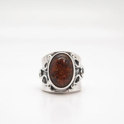 925 Sterling Silver Vintage Real Amber Swirl Ring Size 7.5