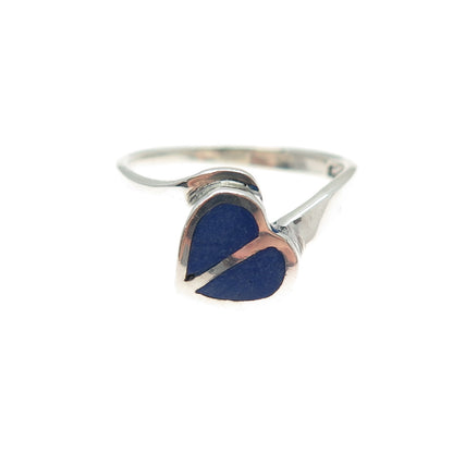 925 Sterling Silver Vintage Real Lapis Modernist Heart Ring Size 7