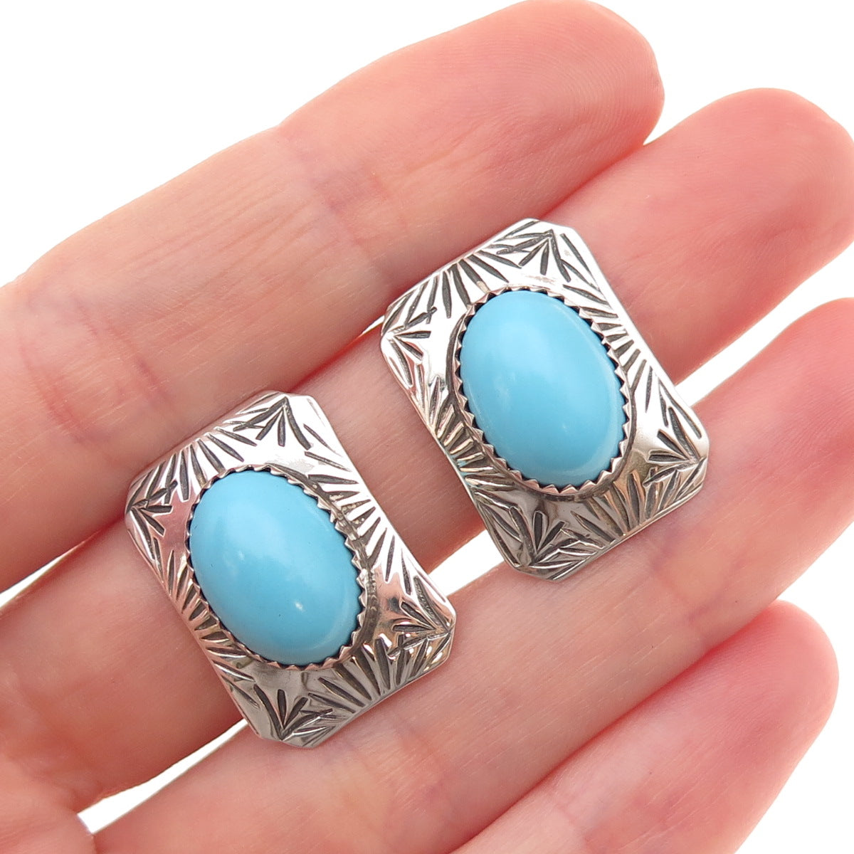 Old Pawn 925 Sterling Silver Vintage CLD Southwestern Turquoise Clip On Earrings