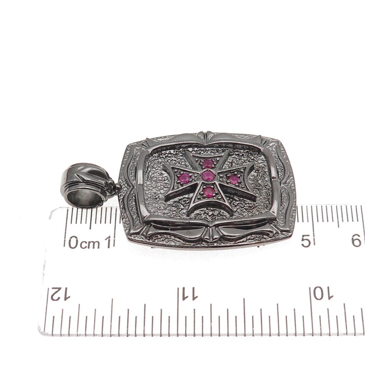 Jolusa 925 Sterling Silver Black Rhodium Real Ruby Maltese Cross Pendant