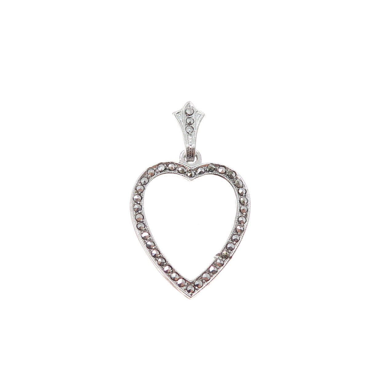 925 Sterling Silver Antique Art Deco Real Marcasite Heart Charm Pendant