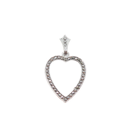 925 Sterling Silver Antique Art Deco Real Marcasite Heart Charm Pendant
