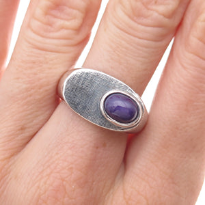 925 Sterling Silver Vintage Real Purple Sapphire Modernist Ring Size 8.25