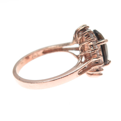 925 Sterling Silver Rose Gold Plated Real Smoky Quartz & C Z Ring Size 8.25