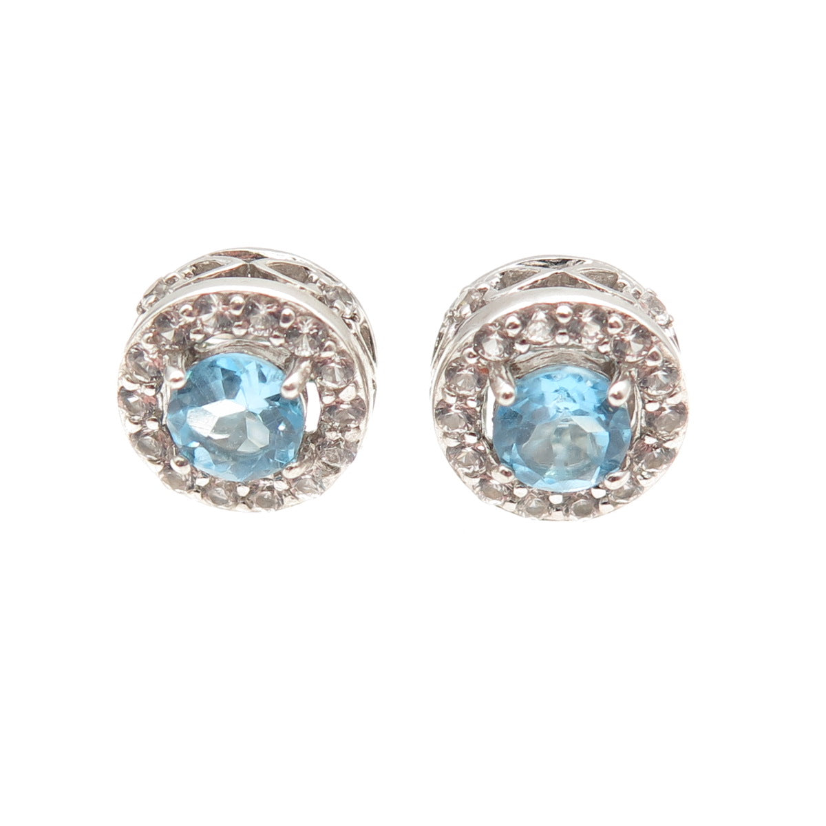 925 Sterling Silver Vintage Real Round-Cut Blue & White Topaz Stud Earrings