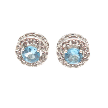 925 Sterling Silver Vintage Real Round-Cut Blue & White Topaz Stud Earrings