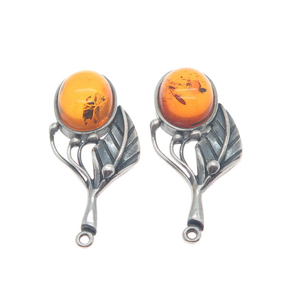 925 Sterling Silver Vintage Real Baltic Amber Leaf Oxidized Jacket Earrings