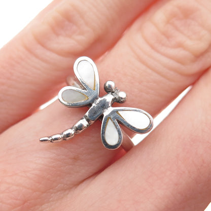 925 Sterling Silver Vintage Real MOP Dragonfly Ring Size 5.5