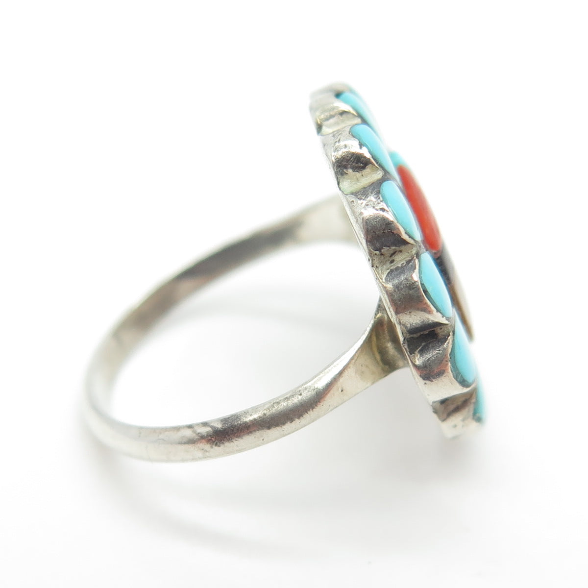 Old Pawn Zuni Sterling Silver Turquoise Coral Onyx MOP Sun Tribal Ring Size 4.5