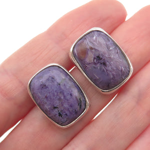 925 Sterling Silver Vintage Real Cabochon Charoite Modernist Earrings