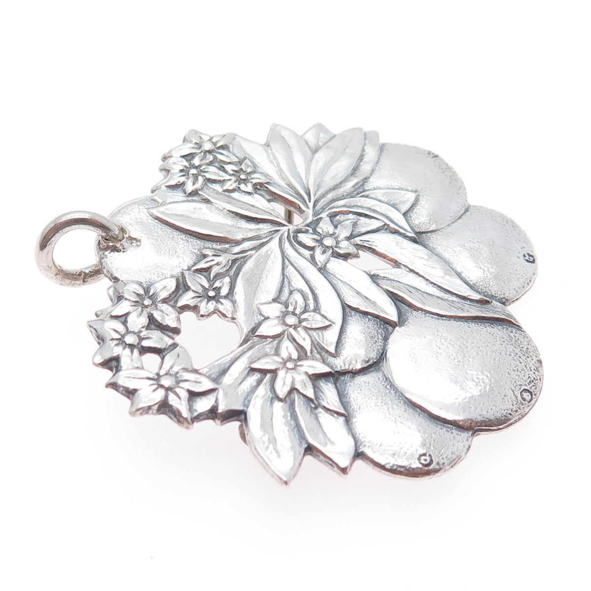 925 Sterling Silver Vintage Pear & Flower Oxidized Pin Brooch / Pendant