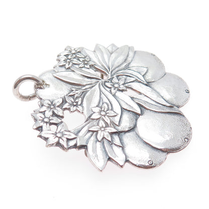 925 Sterling Silver Vintage Pear & Flower Oxidized Pin Brooch / Pendant