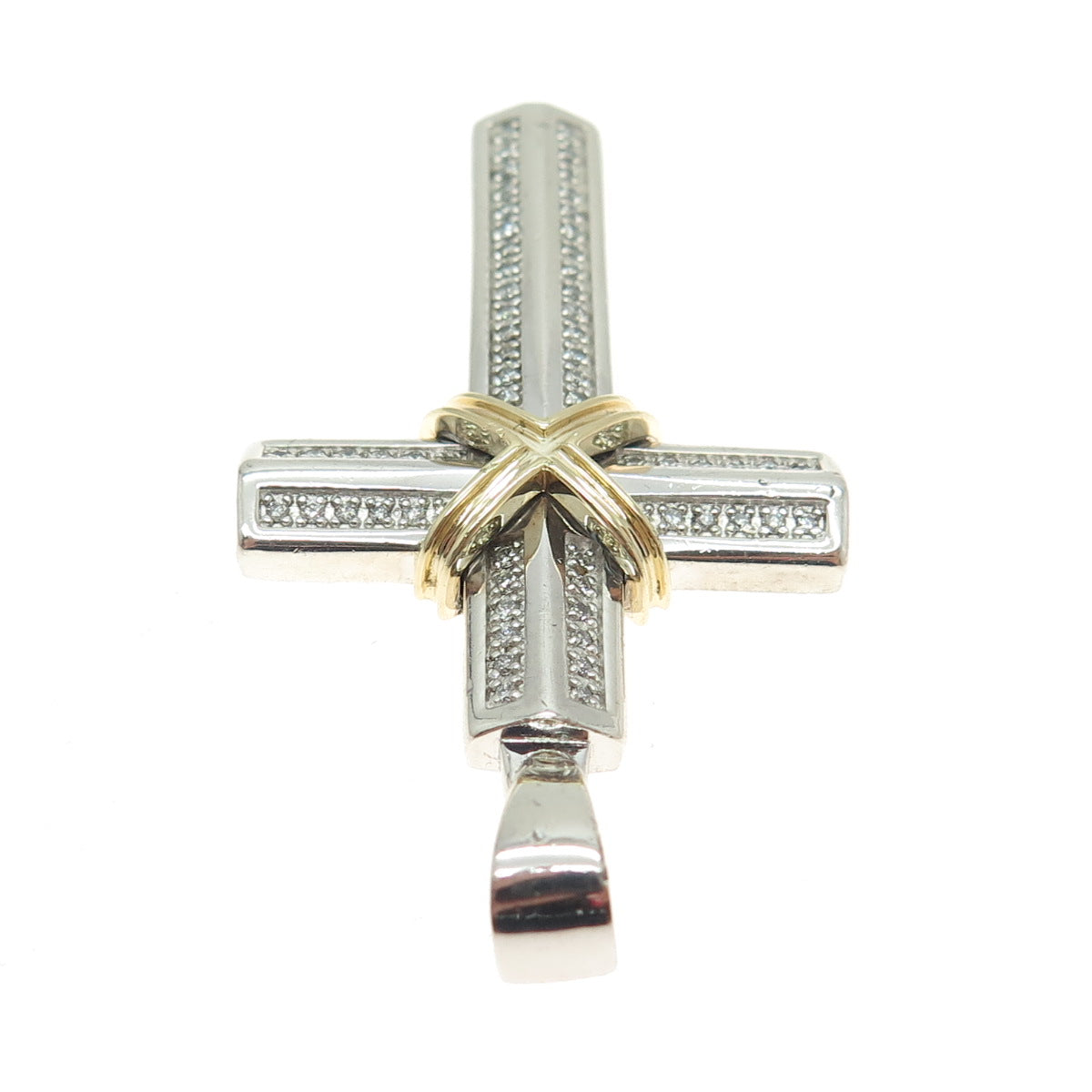 925 Sterling Silver & 10K Gold Real Round-Cut Diamond Cross Pendant