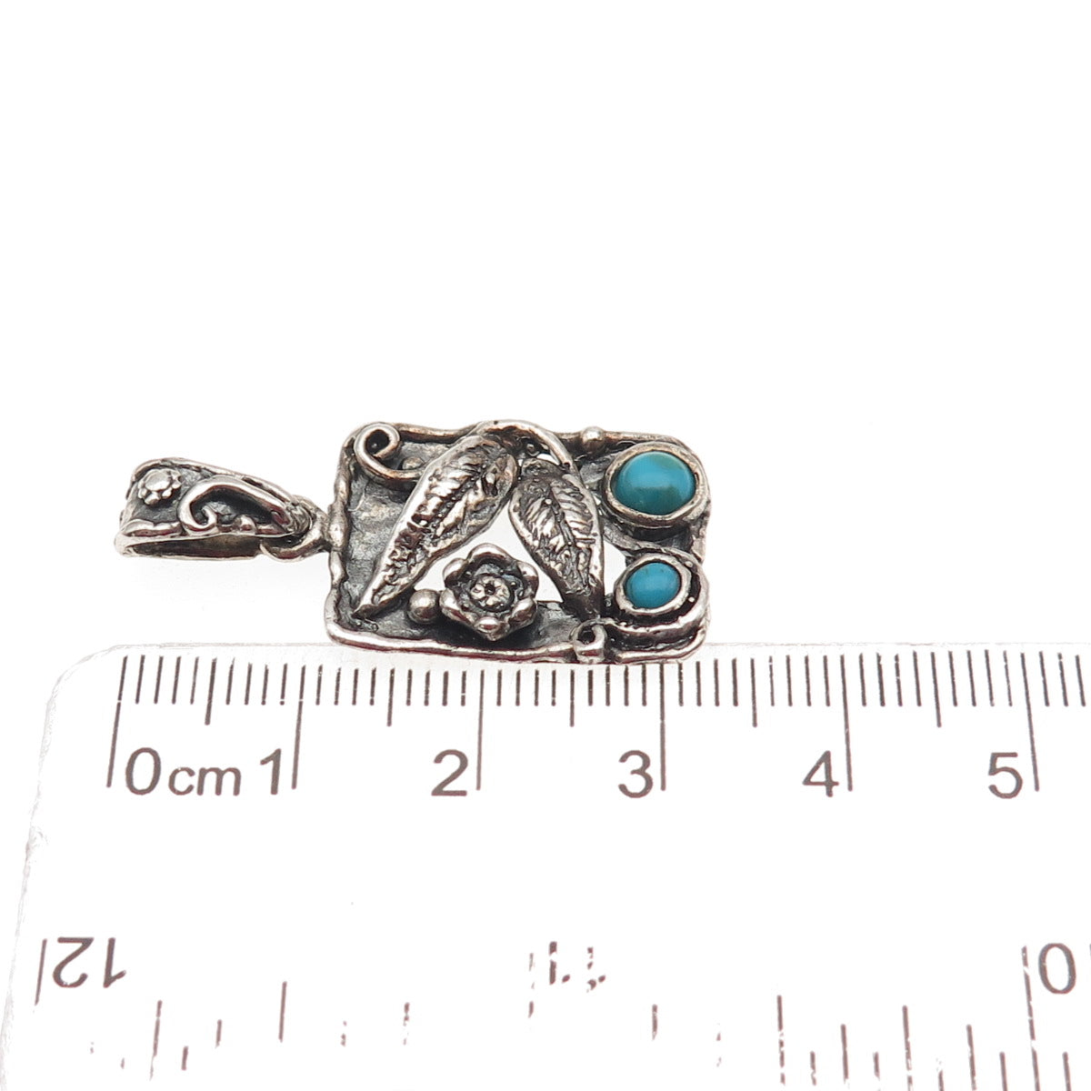 925 Sterling Silver Vintage Real Turquoise Floral Oxidized Charm Pendant