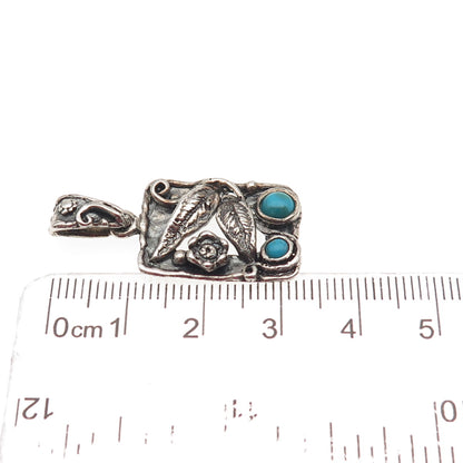 925 Sterling Silver Vintage Real Turquoise Floral Oxidized Charm Pendant