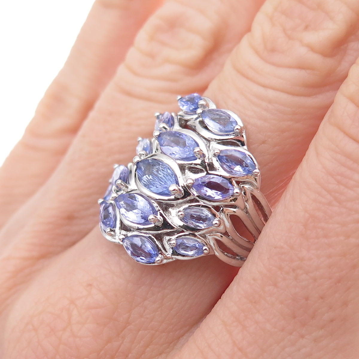 925 Sterling Silver Real Marquise-Cut Tanzanite Cluster Ring Size 8.25