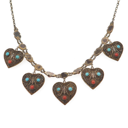 925 Sterling Gold Plated Antique Turquoise & Coral Chinese Heart Necklace 18"