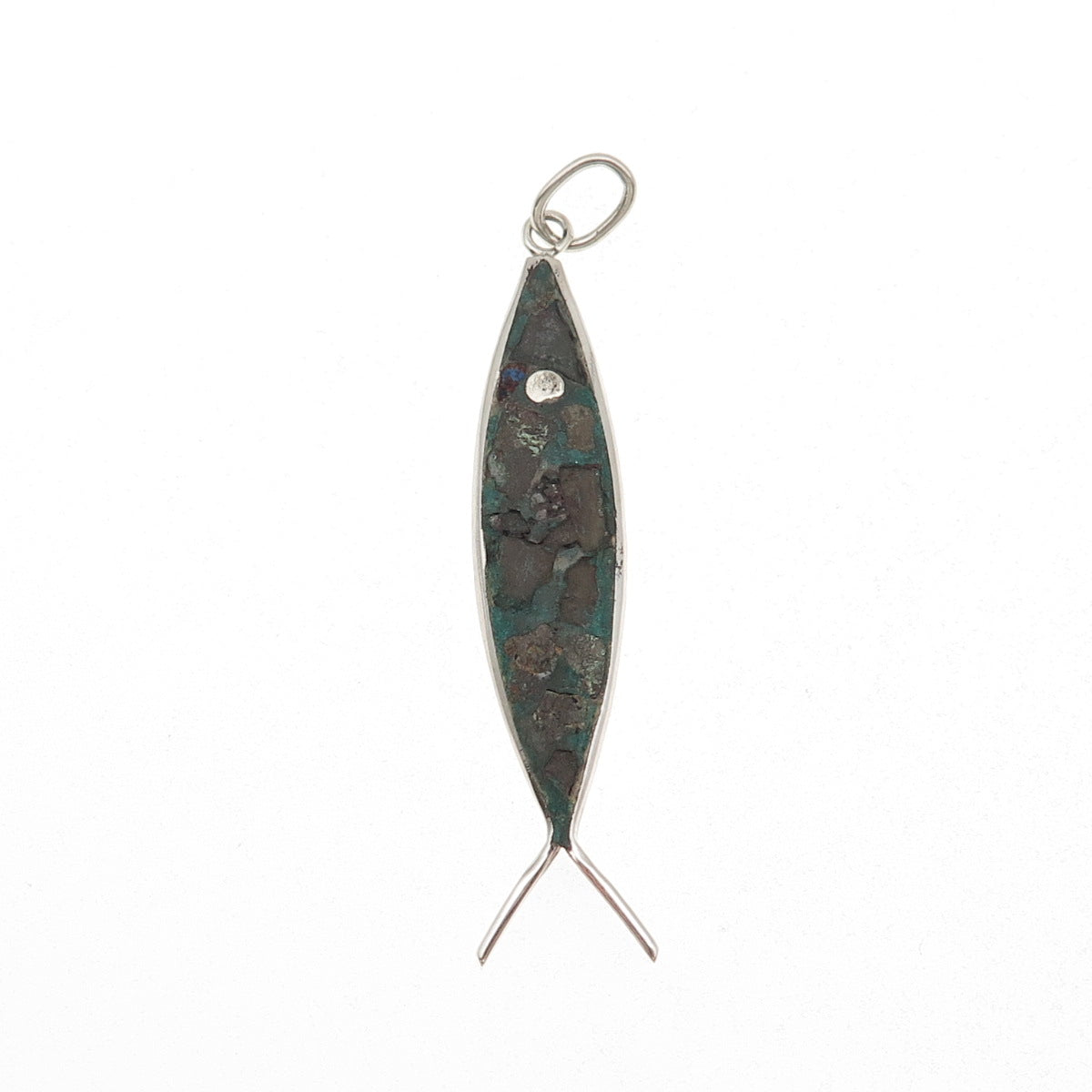 925 Sterling Silver Vintage Mexico Real Turquoise Inlay Ichthys Charm Pendant