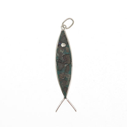 925 Sterling Silver Vintage Mexico Real Turquoise Inlay Ichthys Charm Pendant