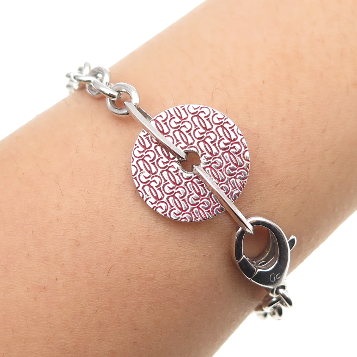 GUESS 925 Sterling Silver Enamel Logo Disc Cable Link Bracelet 7"