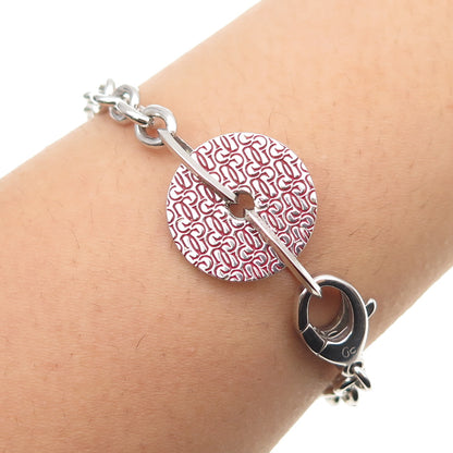 GUESS 925 Sterling Silver Enamel Logo Disc Cable Link Bracelet 7"