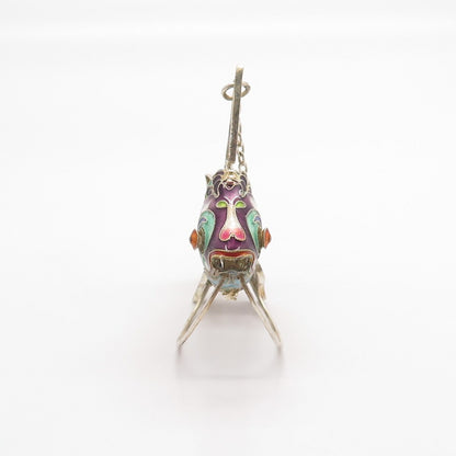 925 Sterling Silver Enamel Antique Chinese Articulated Koi Fish Chatelaine Fob