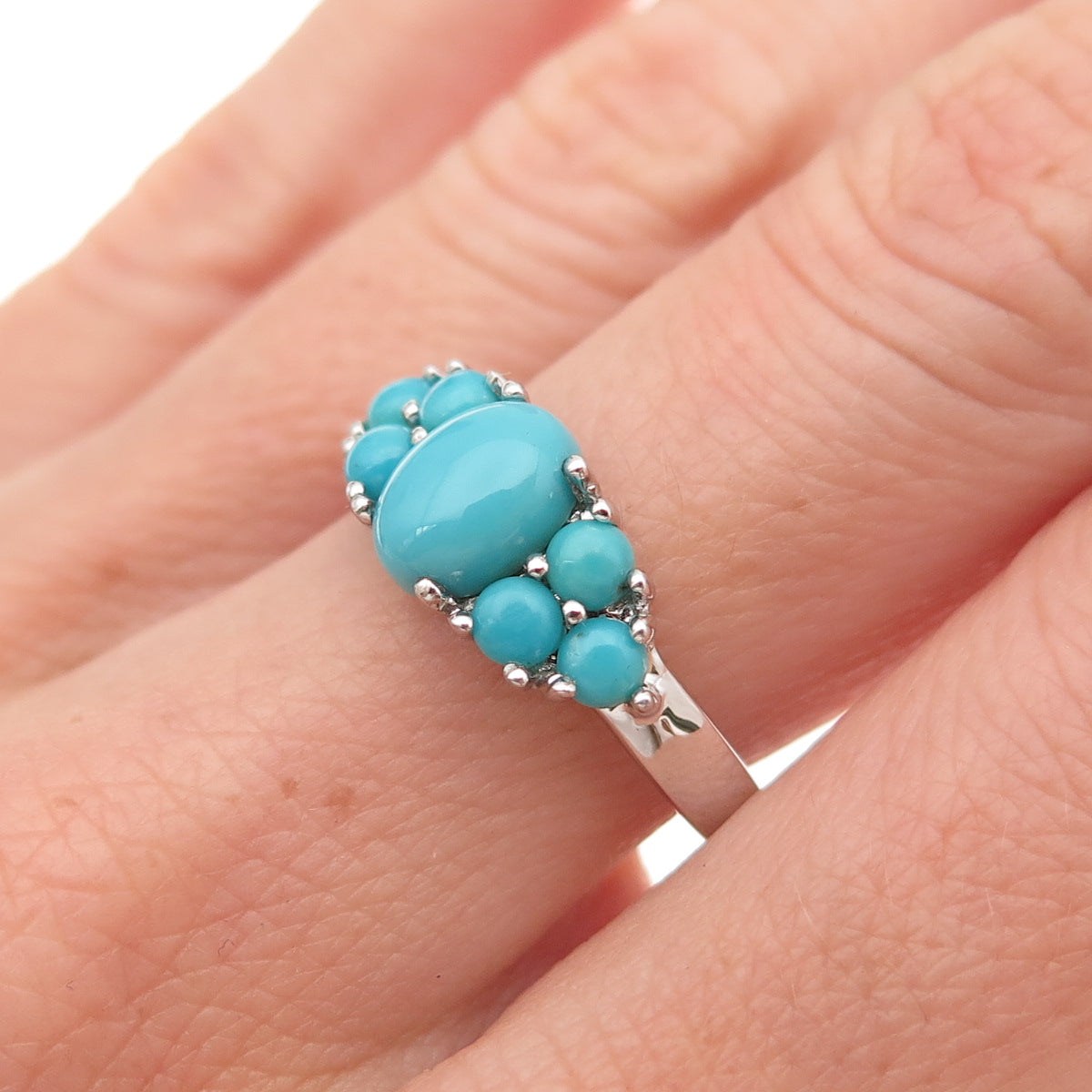 925 Sterling Silver Real Sleeping Beauty Turquoise Cluster Ring Size 8
