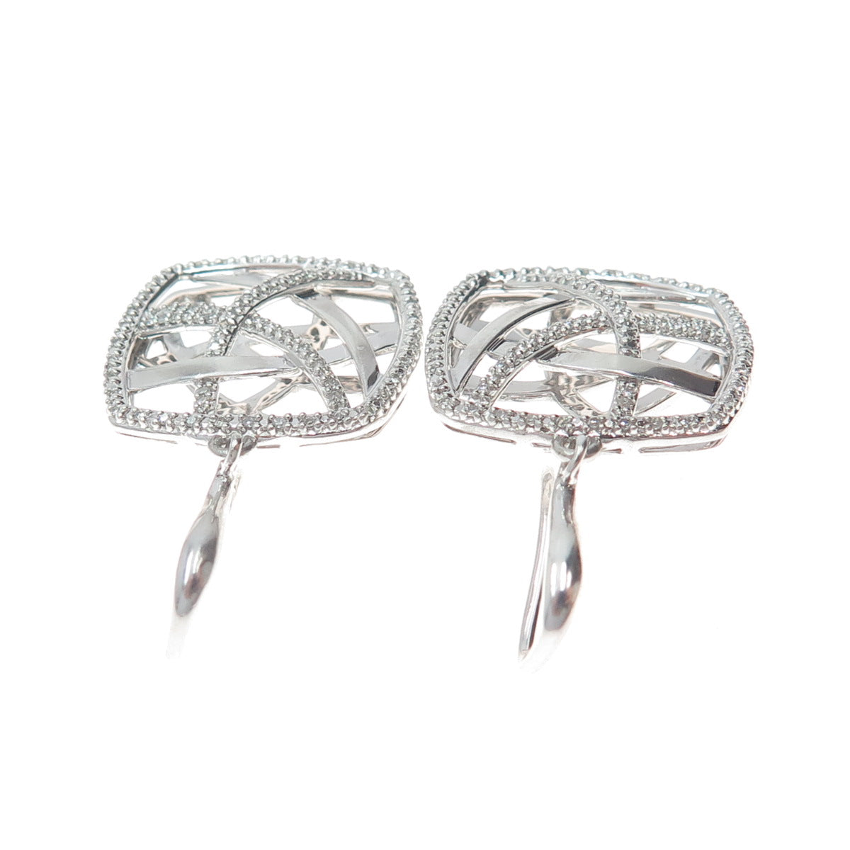 925 Sterling Silver Real Round-Cut Diamond Modernist Ornate Dangle Earrings