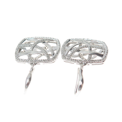 925 Sterling Silver Real Round-Cut Diamond Modernist Ornate Dangle Earrings