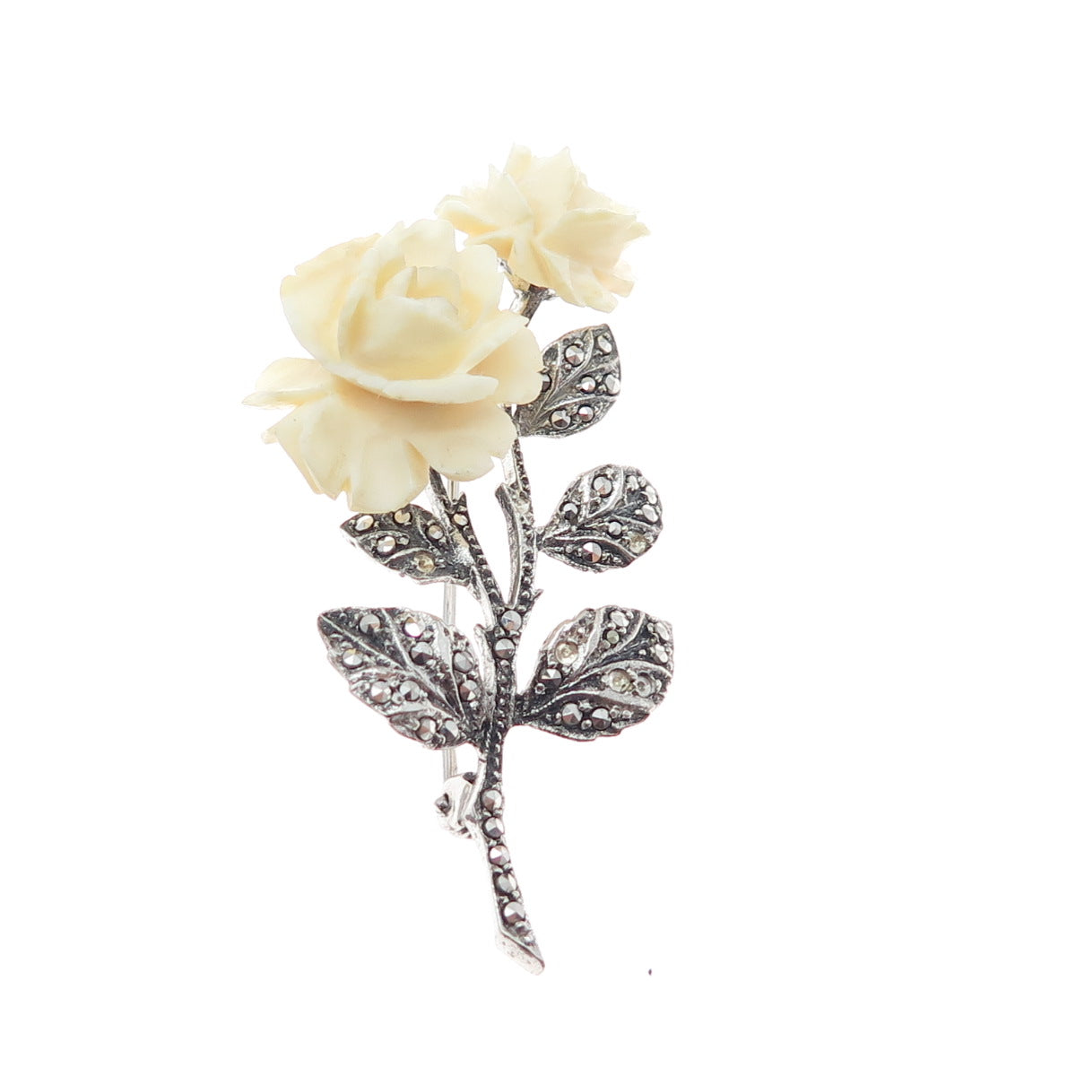 925 Sterling Antique Germany Real Marcasite Rose Pin Brooch (missing 5 stones)