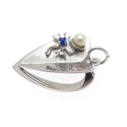925 Sterling Vintage M&M Real Pearl Rhinestone Anniversary Heart Mini Pendant