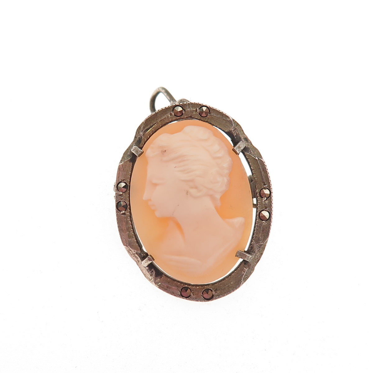 800 Silver Antique Real MOP & Marcasite Lady Cameo Brooch Pendant (missing hook)