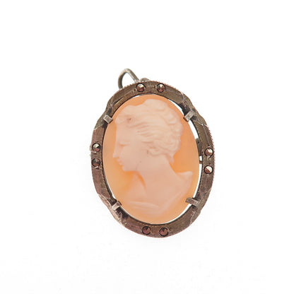 800 Silver Antique Real MOP & Marcasite Lady Cameo Brooch Pendant (missing hook)