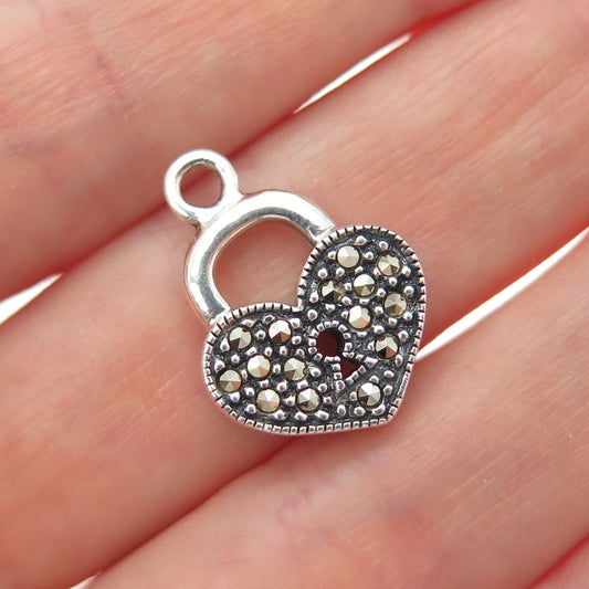 JUDITH JACK Sterling Silver Vintage Real Marcasite Heart Lock Minimalist Pendant