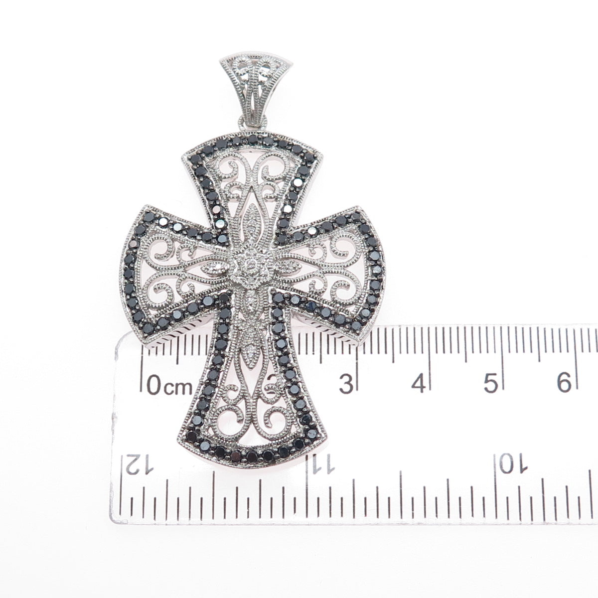 925 Sterling Silver Real Round-Cut Black Diamond Ornate Cross Pendant